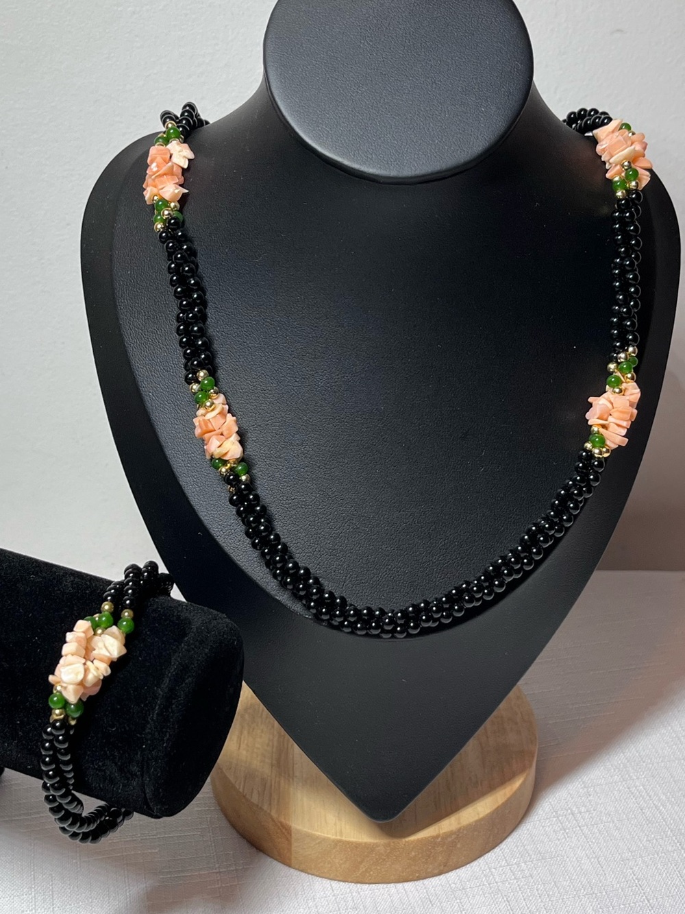 Vintage Black Beaded Necklace & Bracelet with Peach and Green Accents
